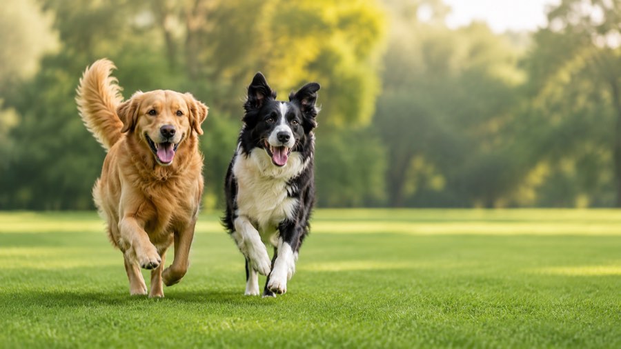 芝生を駆けてくる2匹の犬