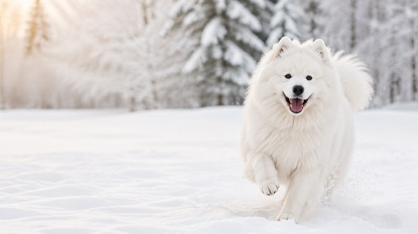 雪の中を駆ける白い犬