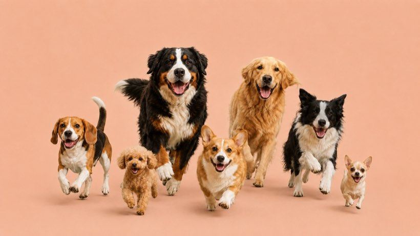 こちらへ駆けてくる7匹の犬たち